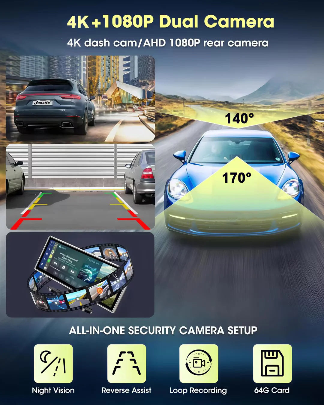 11.26 inch 4K Dash Cam 3840*2160P Car DVR Mirror Video Recording Wireless Carplay & Android Auto GPS Navigation 5G WiFi FM AUX