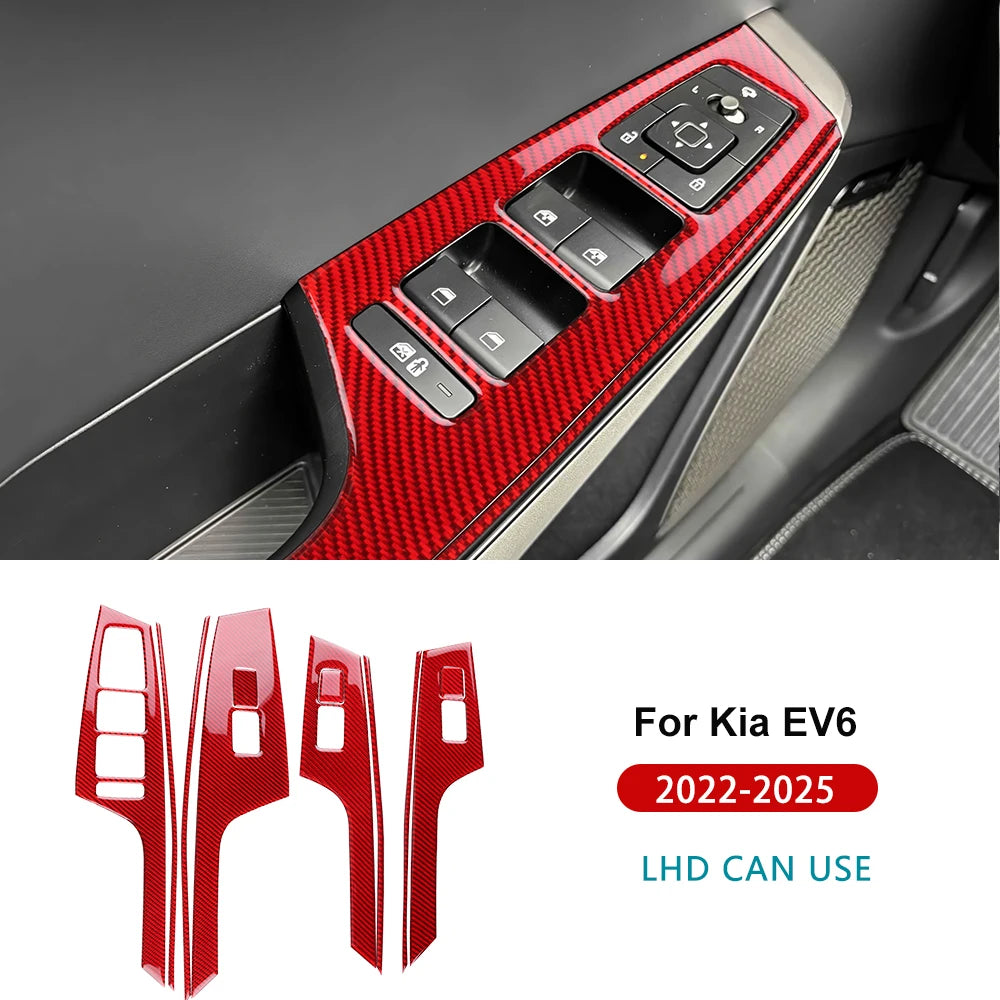 Real Soft Carbon Fiber Sticker For Kia EV6 GT EV 2022 2023 2024 2025 LHD RHD Car Window Lift Button Decor Frame Interior Trim