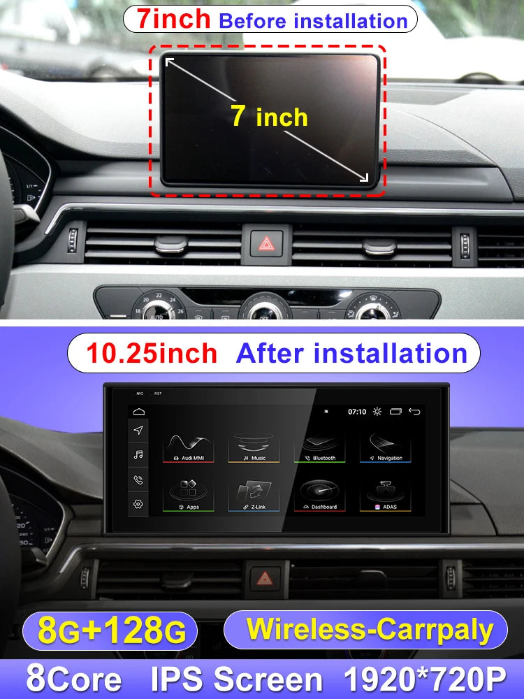A 10.25inch 8G 128G Color 10.25" Android Car Stereo For Audi A4 A5 S5 – Wireless CarPlay