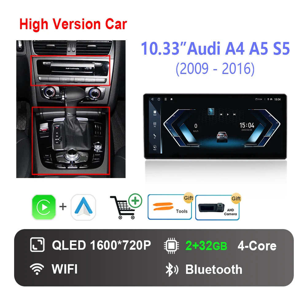 10.33 "/12.3"  for Audi A4 A5 S5 2009 - 2016 Wireless Carplay HD Touch Screen Android 14 Car Radio Video Multimedia Player