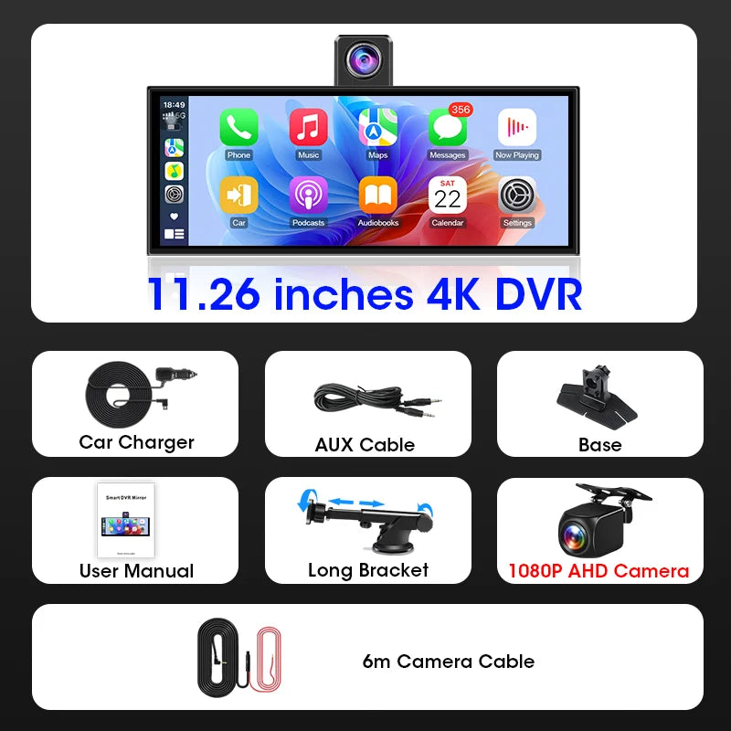 11.3 inch 4K Car DVR Carplay Android Auto Rotatable Lens Dashcam GPS Navigation Dashboard FM AUX Rear Camera Video Recording