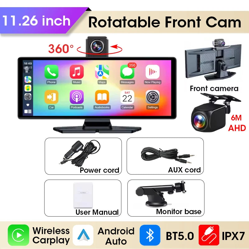 11.26 inch Dash Cam 4K Car DVR Wireless Carplay & Android Auto GPS Navigation Video Recorder Dashboard Dual Lens Wifi FM AUX
