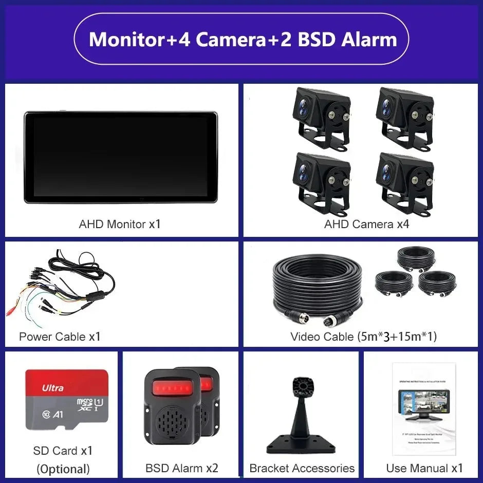 10.36 Inch 4 Channels Vehicle DVR Recorder Smart Blind Spot Radar BSD Alarm 1080P AHD Cameras Monitor For Truck Bus Trailer