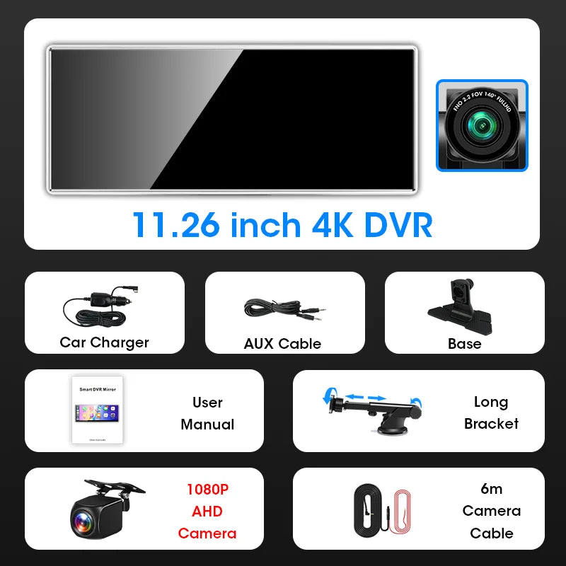 11.26 inch 4K Dash Cam 3840*2160P Car DVR Mirror Video Recording Wireless Carplay & Android Auto GPS Navigation 5G WiFi FM AUX