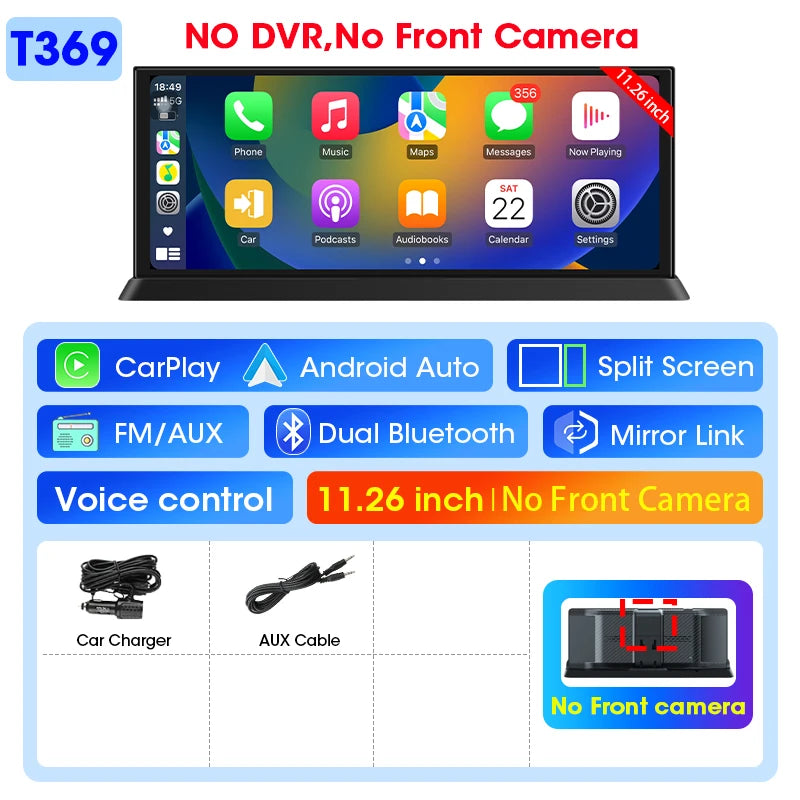 11.26 Inch ADAS DVR 4K Camera Wireless CarPlay Android Auto Bluetooth GPS Navigation Dashboard Video Recorder Dual Lens Dashcam