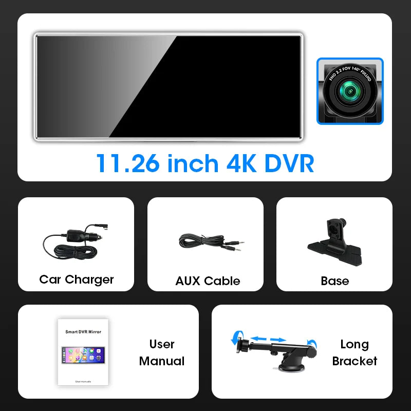 11.26 inch 4K Dash Cam 3840*2160P Car DVR Mirror Video Recording Wireless Carplay & Android Auto GPS Navigation 5G WiFi FM AUX