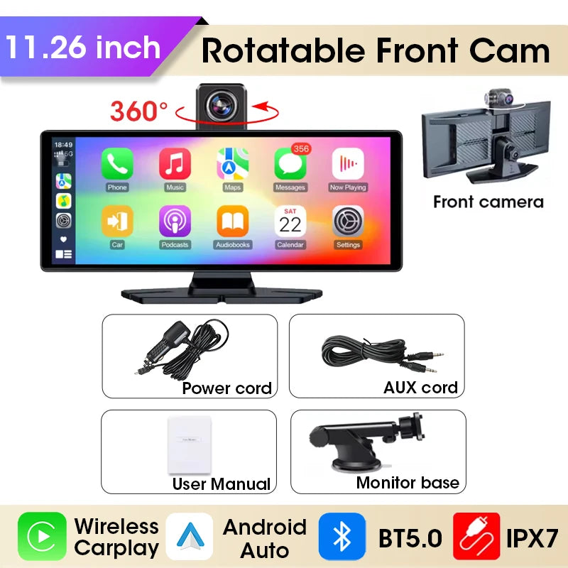 11.26 inch Dash Cam 4K Car DVR Wireless Carplay & Android Auto GPS Navigation Video Recorder Dashboard Dual Lens Wifi FM AUX