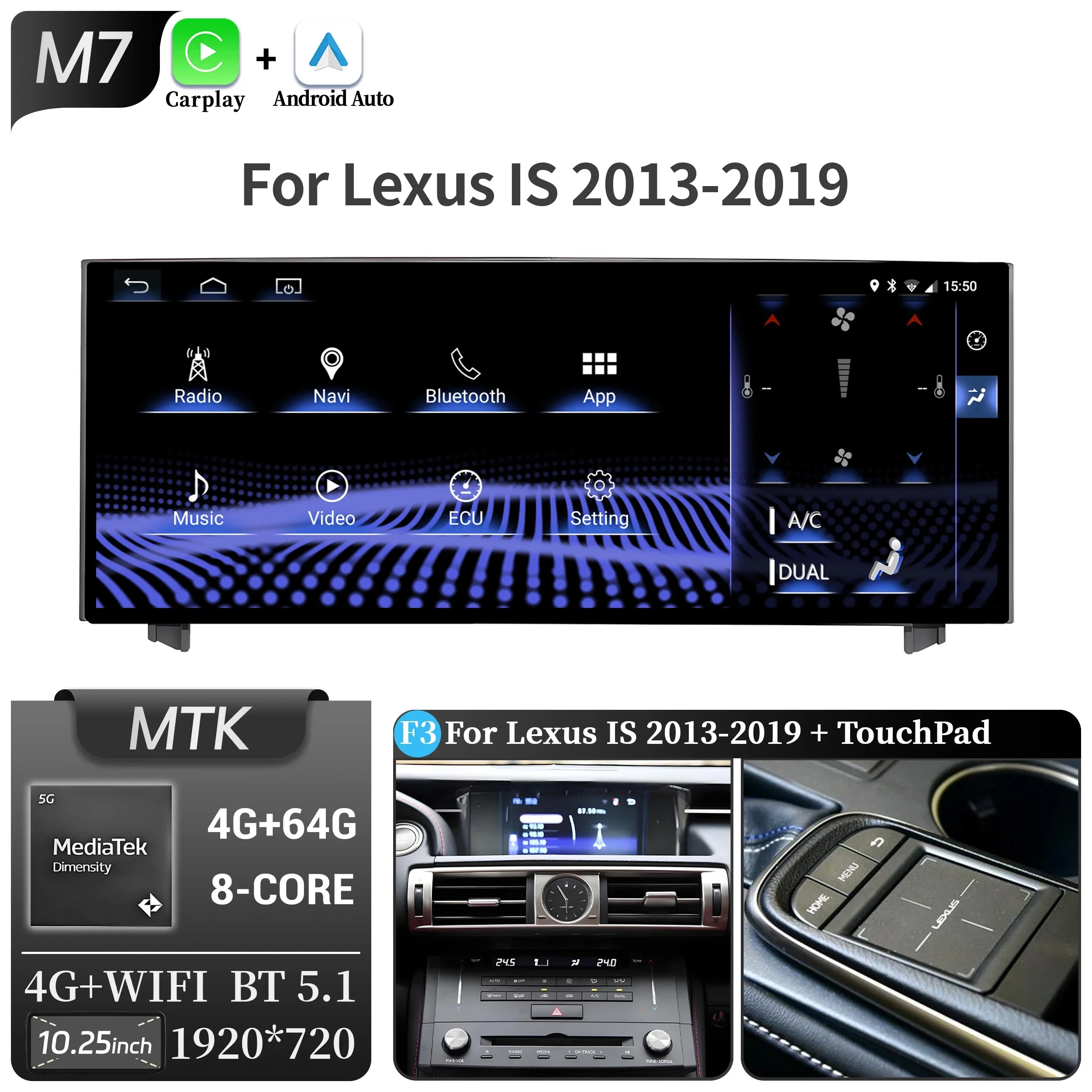 10.25"Android 14 For Lexus IS RC 200 250 300 350 200t 300h 2013-2019 Car Radio Multimedia CarPlay Snapdragon 668S Touch Screen