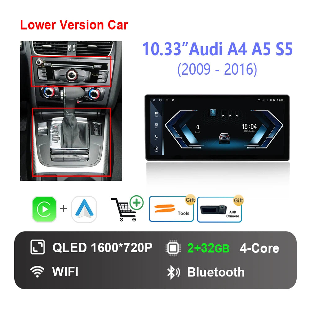 10.33 "/12.3"  for Audi A4 A5 S5 2009 - 2016 Wireless Carplay HD Touch Screen Android 14 Car Radio Video Multimedia Player