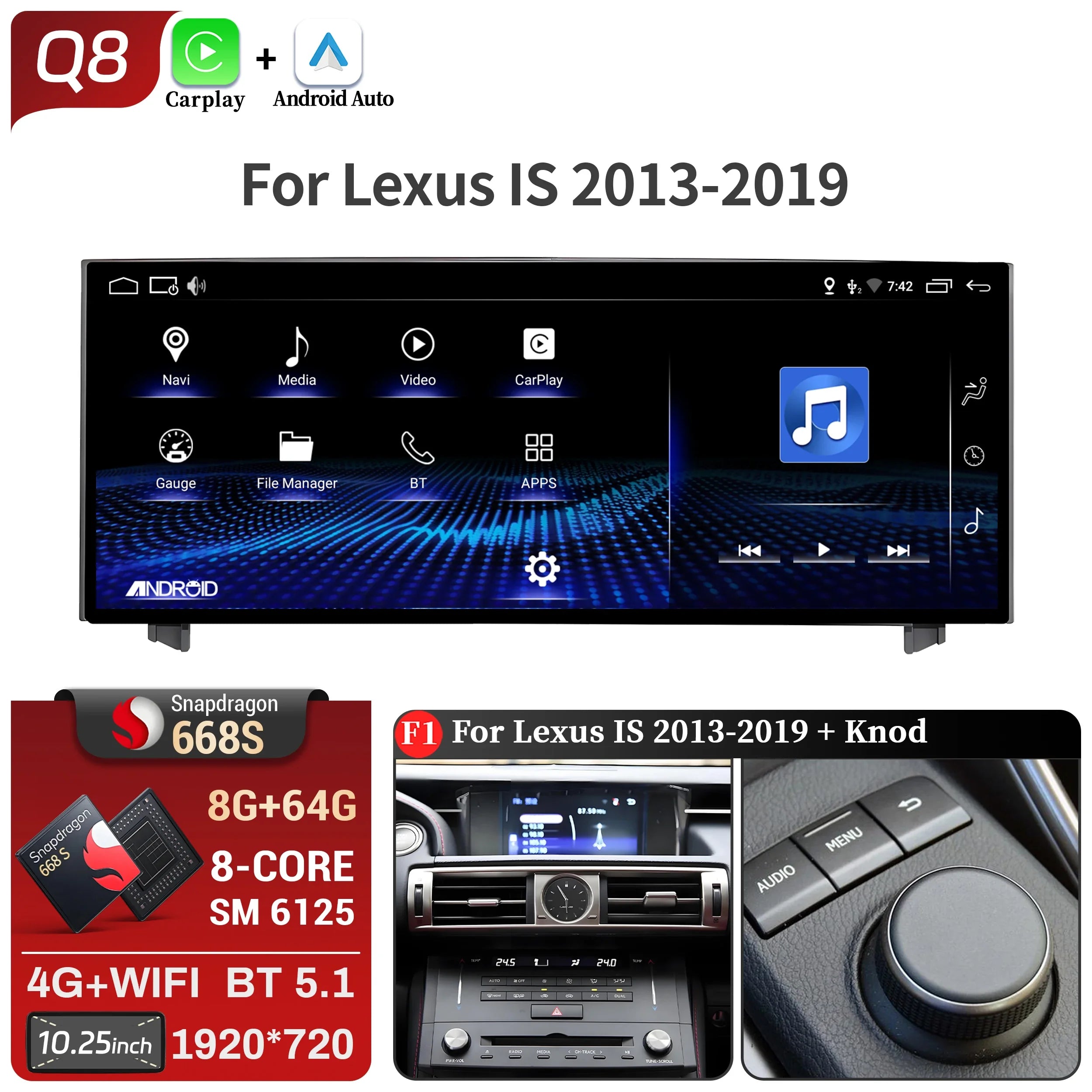 10.25"Android 14 For Lexus IS RC 200 250 300 350 200t 300h 2013-2019 Car Radio Multimedia CarPlay Snapdragon 668S Touch Screen