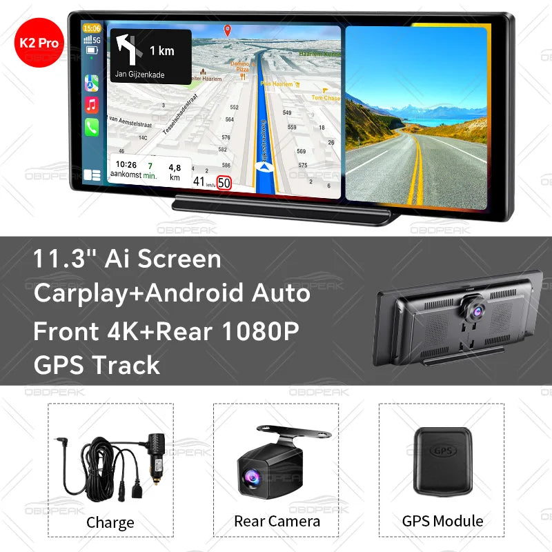 11.3" OBDPEAK K2 Pro Dash Cam 4K DVR GPS Navigation Wireless CarPlay & Android Auto Dashboard Video Recorder Universal Dual Lens