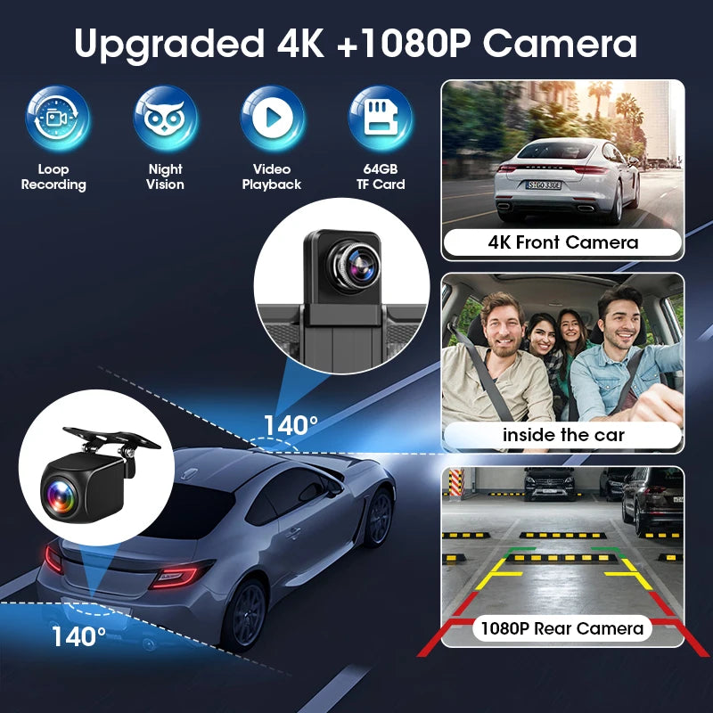 11.26 inch Dash Cam 4K Car DVR Wireless Carplay & Android Auto GPS Navigation Video Recorder Dashboard Dual Lens Wifi FM AUX