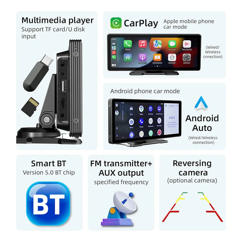 10.26-inch Wireless Carplay Android Auto MP5 Portable Smart Player IPS Touch Screen Bluetooth FM Universal Multimedia Monitor