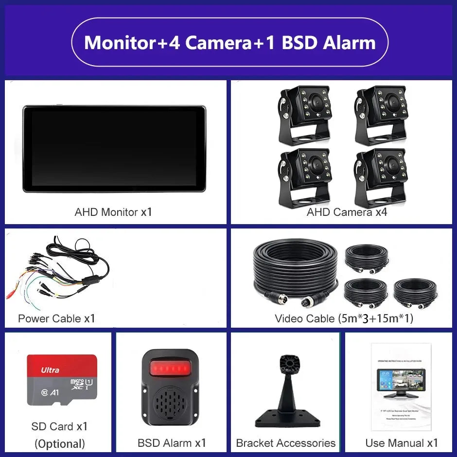 10.36 "4 Channel Recorder Smart Blind Spot Radar BSD Alarm Car DVR Monitor with 4 PCS AHD 1080P IR Camera For Truck Bus