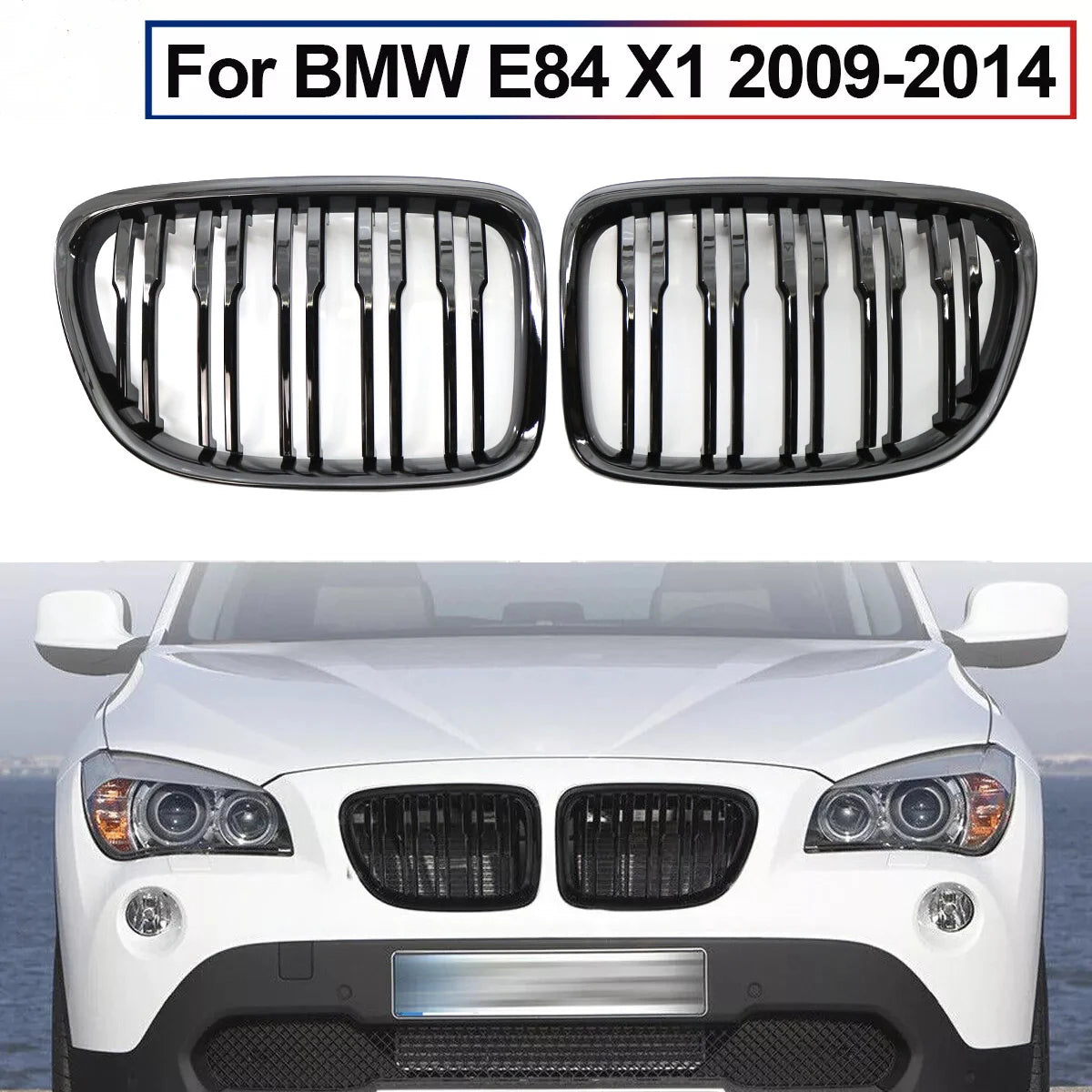 Front Bumper Kidney Grille For E84 X1 18i 20i 25i 28i 2009-2015 Glossy Black Car Racing Grills Double Slat Sport Cover