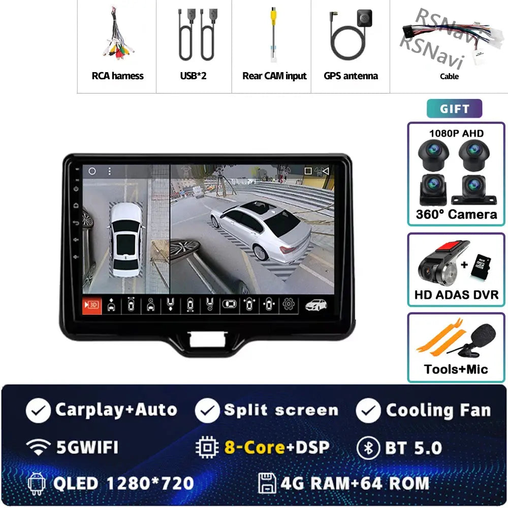 4G-64G 360 DVR Color Android Car Stereo For Toyota Yaris QLED 2K GPS CarPlay