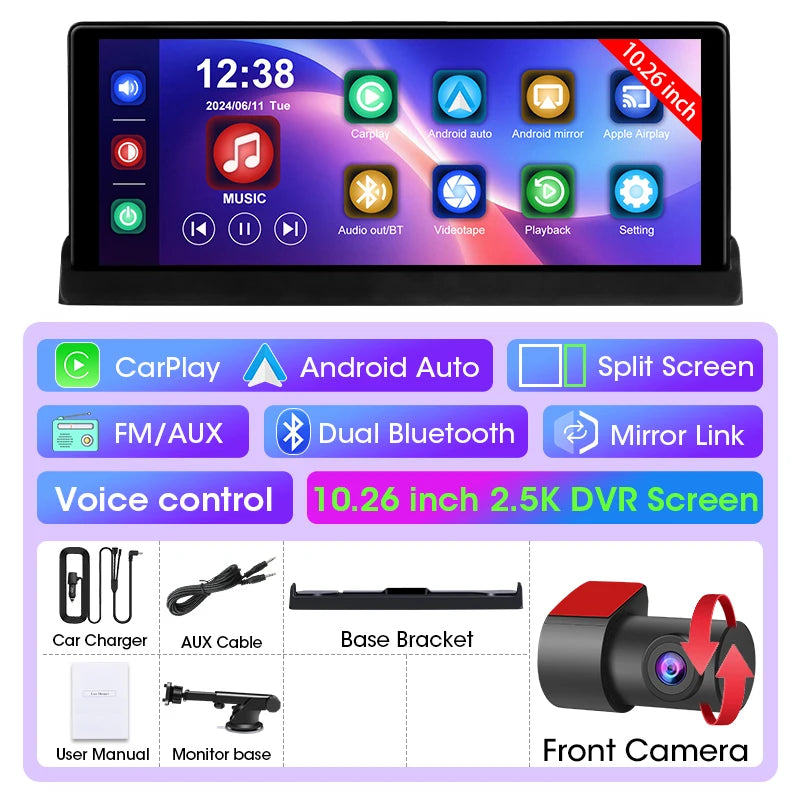 10.26'' Dash Cam 2.5K Car DVR Wireless Carplay Android Auto GPS Navigation Dual Len Video Recorder Dashboard Rearview Camera AUX